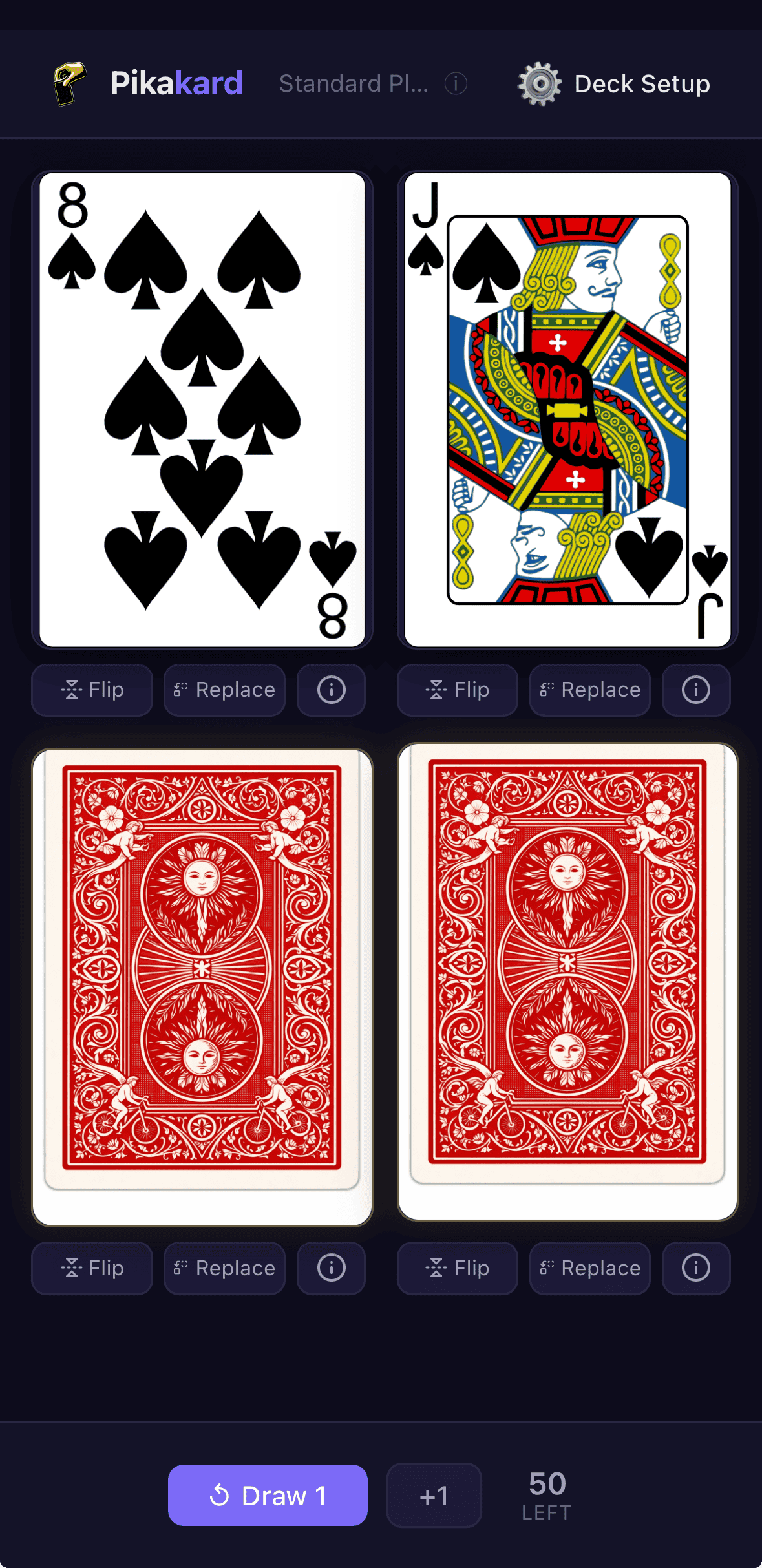 Pikakard showing a playing card spread