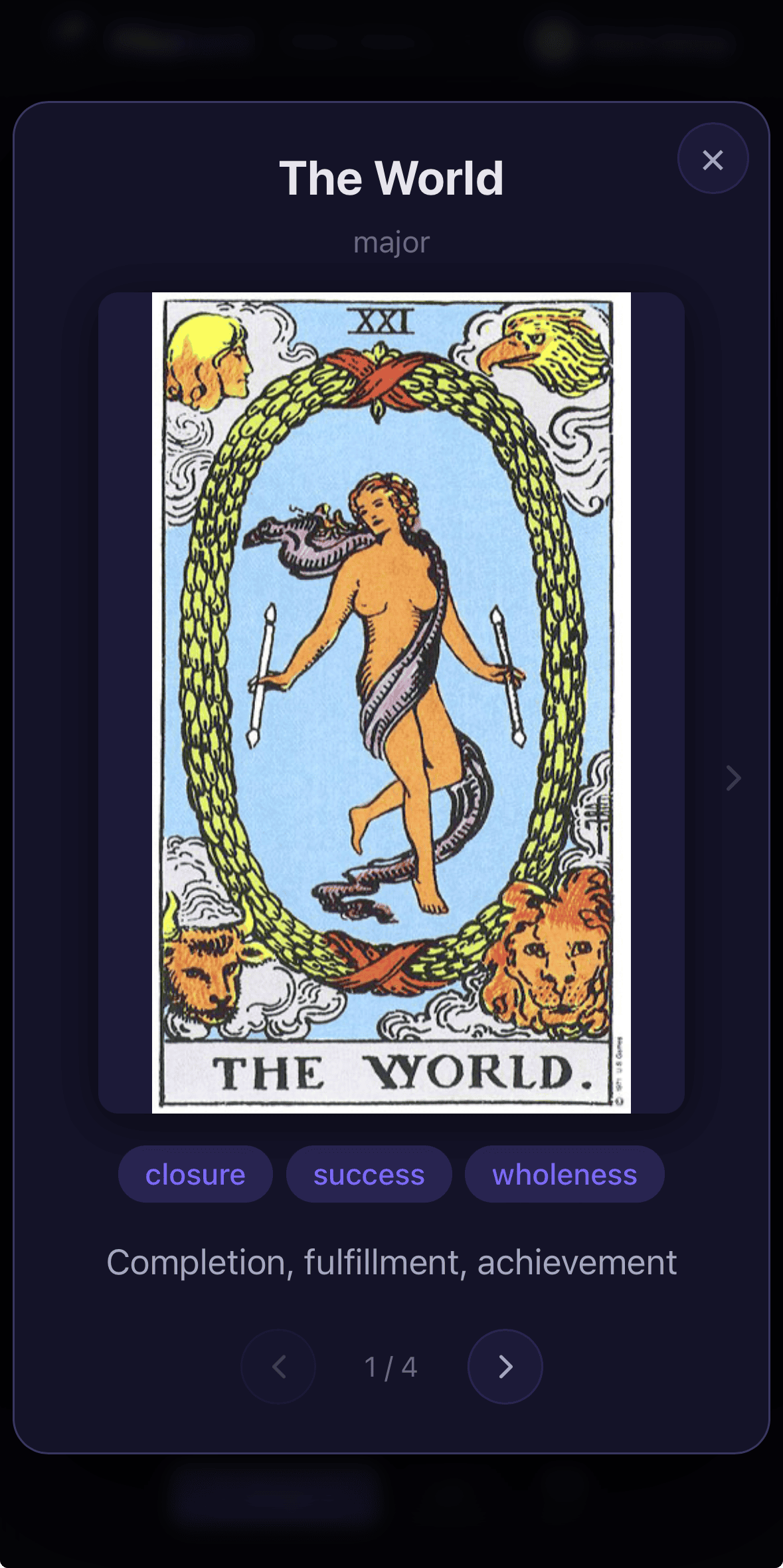 Card detail view showing The World tarot card