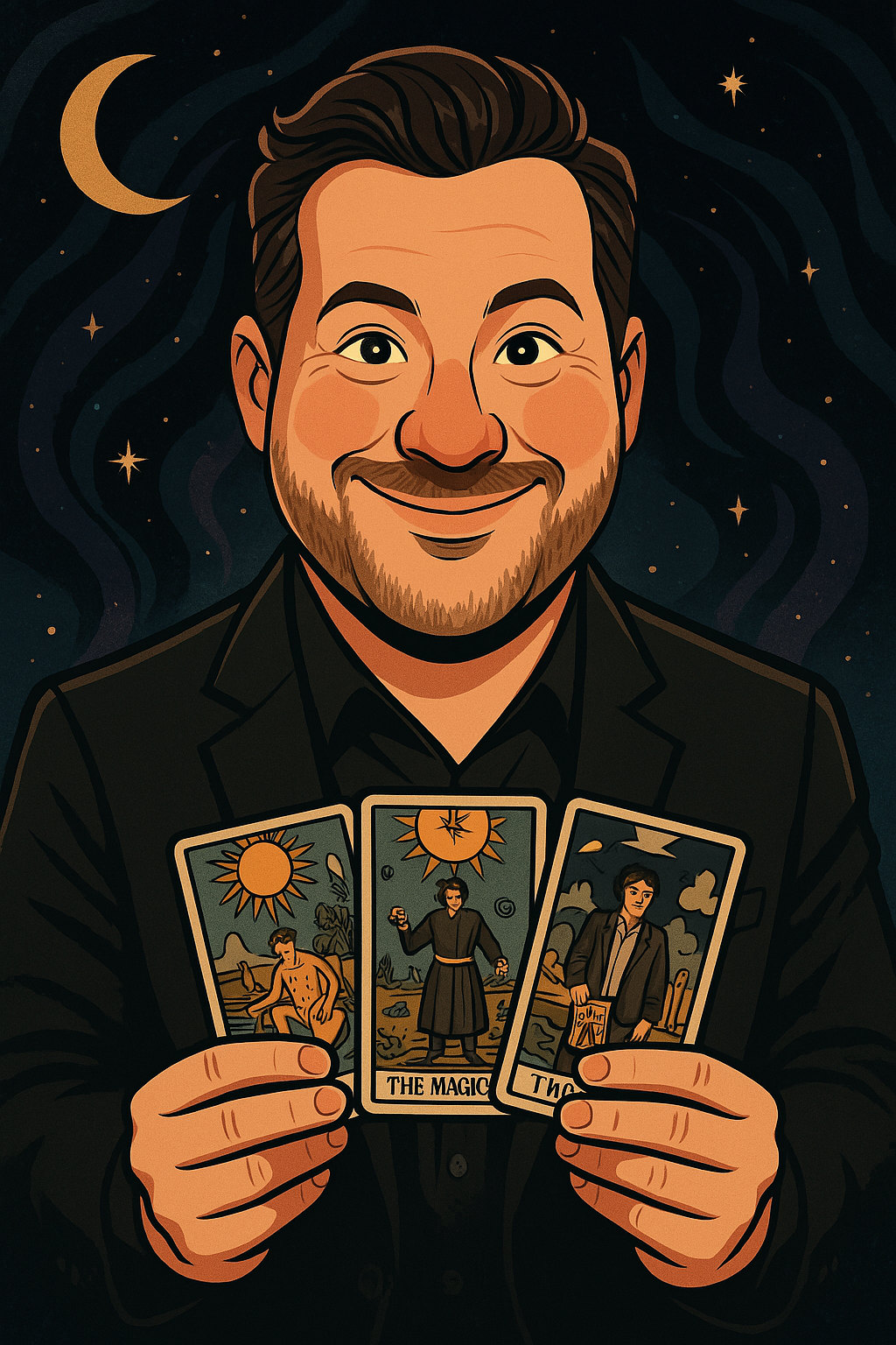 Illustrated caricature of Todd Neufeld holding three tarot cards